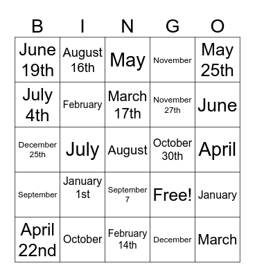 Month Bingo Card
