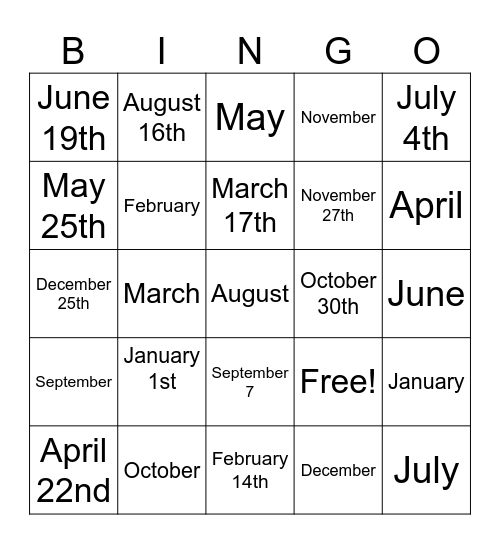 Month Bingo Card