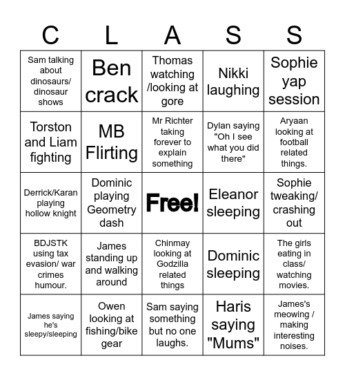 8I Class bingo Card