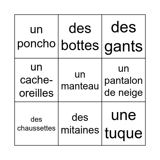 Les vêtements d'hiver Bingo Card