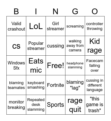 gamer rage Bingo Card