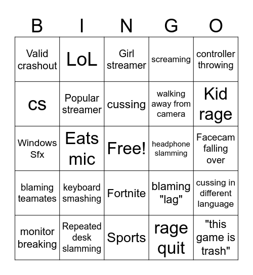 gamer rage Bingo Card