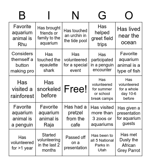 Education Volunteer Bingo Card