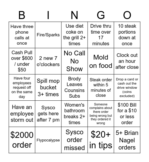 Cousins Subs 2026 BINGO Card