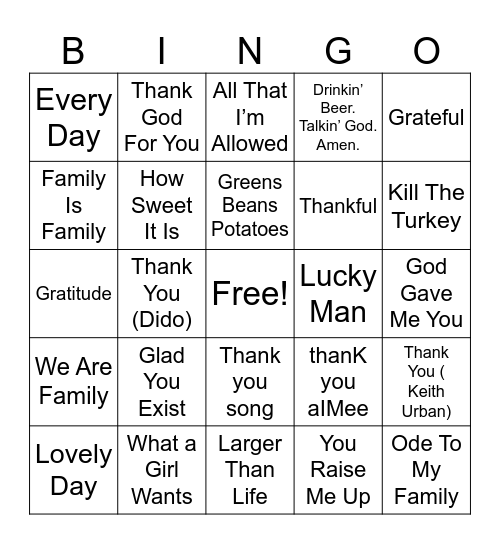 GObble GObble Bingo Card