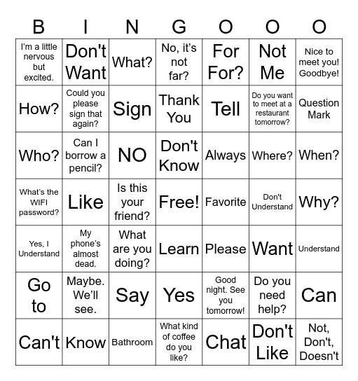 Conversation and Questions Bingo Card