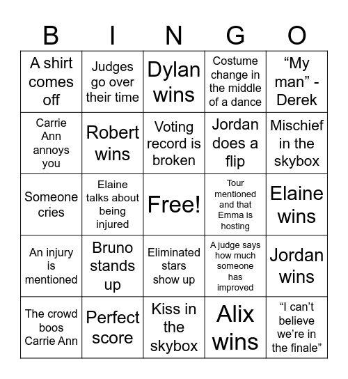 Dancing With The Stars Bingo!! Bingo Card
