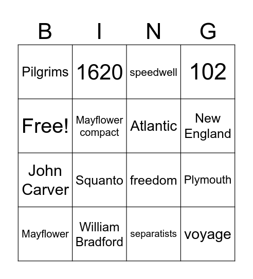 The Pilgrims and Plymouth Colony Bingo Card