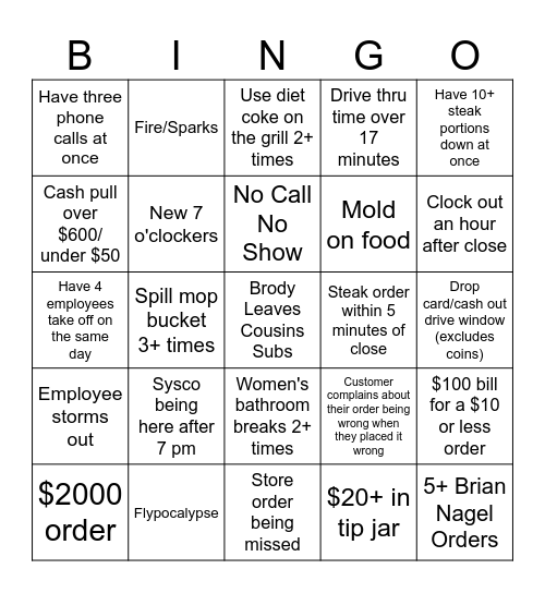 Cousins Subs 2026 BINGO Card