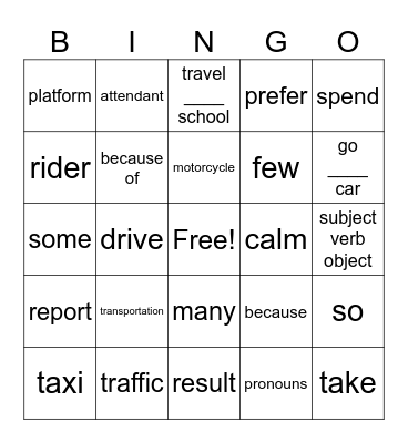 Unit 8 Prism Intro: Transportation Bingo Card