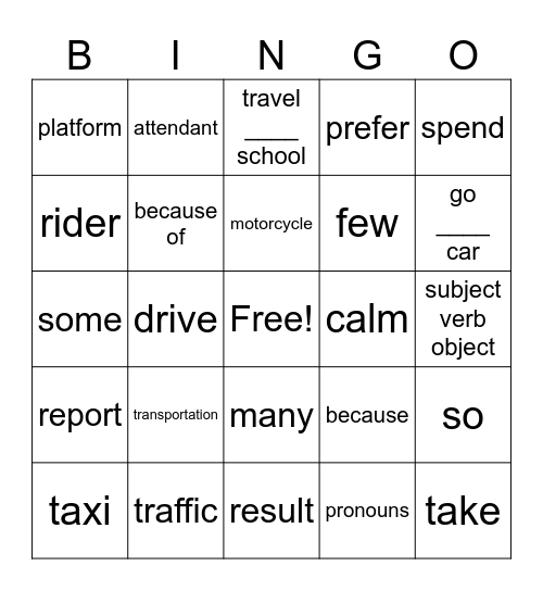 Unit 8 Prism Intro: Transportation Bingo Card