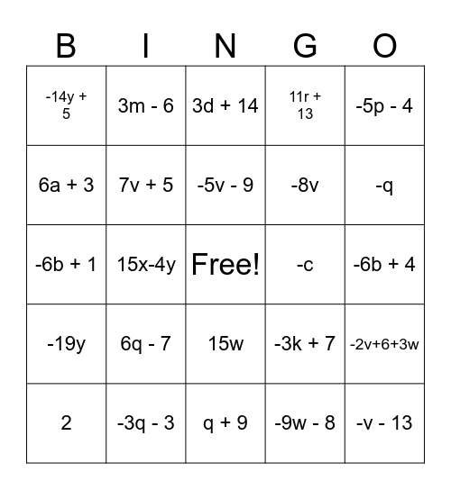 Combine Like Terms Bingo Card