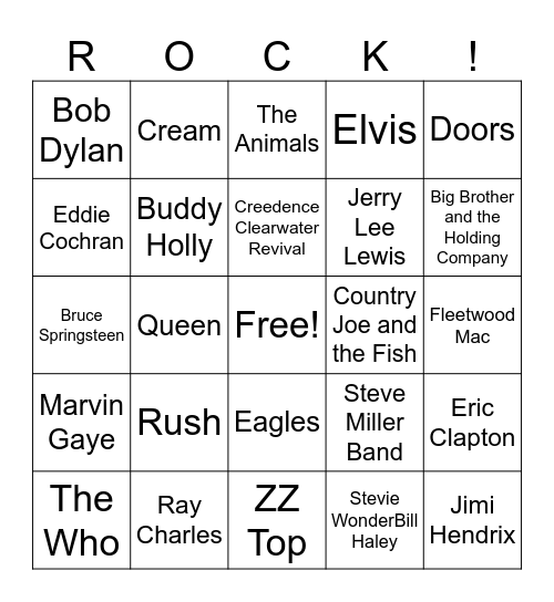 Rock and Roll Bingo Card