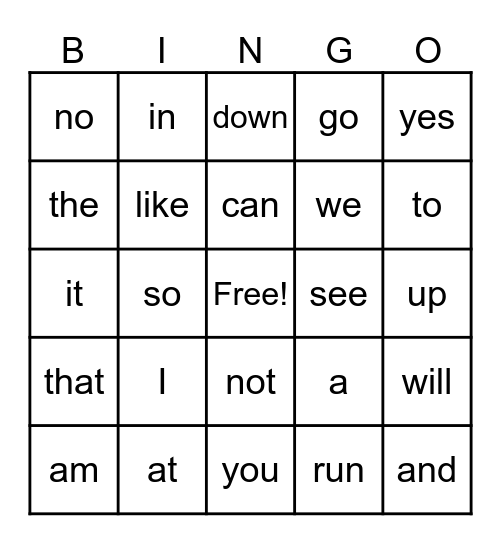 Sight Word Bingo Card