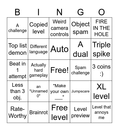 GEOMETRY DASH Bingo Card