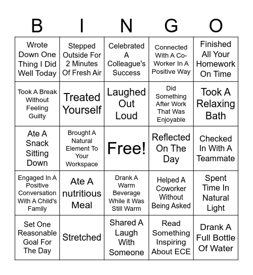 Early Childhood Educator Wellness Bingo Card