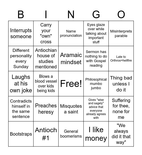 Fr. Elias-isms Bingo Card