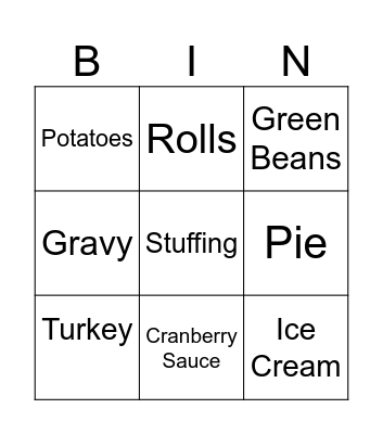 Thanksgiving Dinner Bingo Card