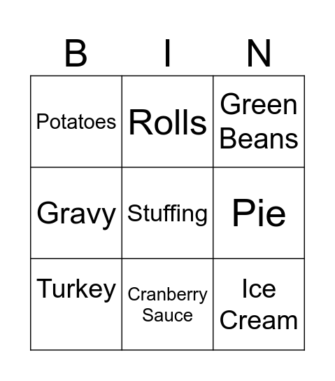 Thanksgiving Dinner Bingo Card