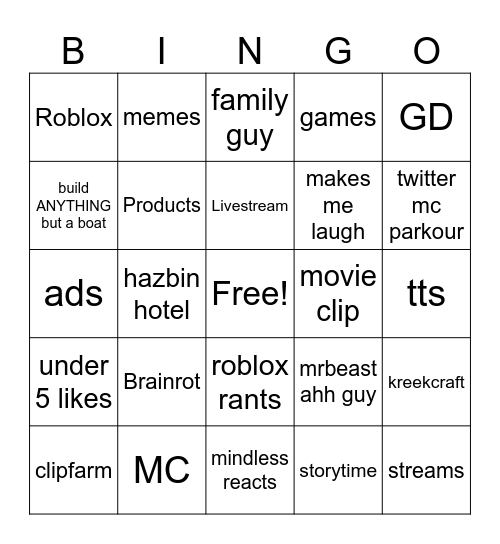YT SHORTS BINGO Card