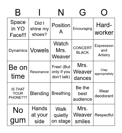 GMS Choir Self-Assessment Bingo Card