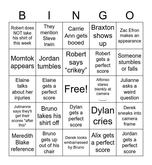 Dancing with the Stars Finale!! Bingo Card