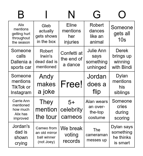 Dancing with the Stars Season Finale Bingo Card