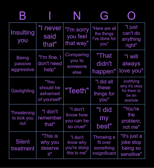 Narcissist Bingo Card