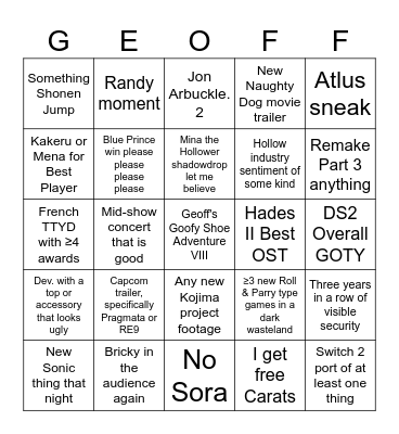 Shill Awards Let's Go Let's Go Bingo Card