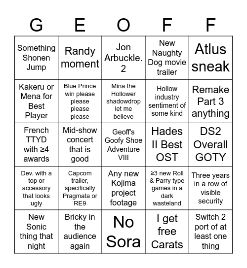 Shill Awards Let's Go Let's Go Bingo Card
