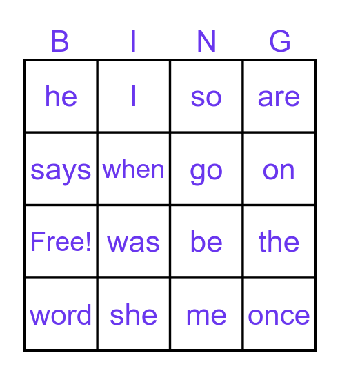 Tricky Words Bingo Card