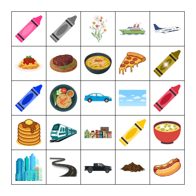 Transport Outside Food Colors Bingo Card