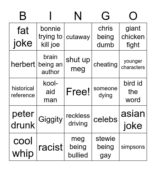 family guy bingo Card