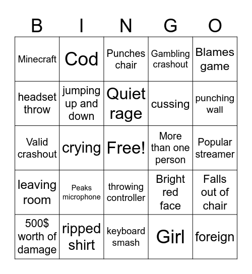 gamer rage bingo Card