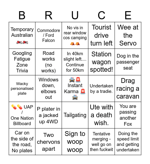 Bruce Highway Bingo Card