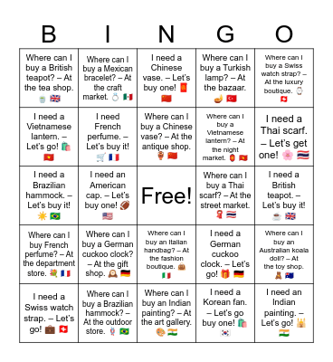 B9 L7 Where can I buy a beautiful Korean fan? – At the souvenir shop. 🎎 Bingo Card