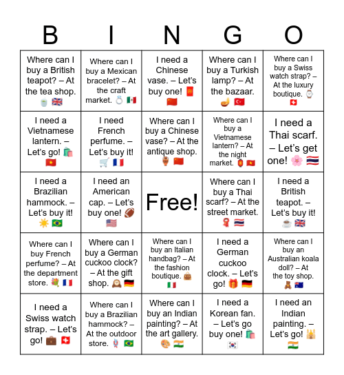 B9 L7 Where can I buy a beautiful Korean fan? – At the souvenir shop. 🎎 Bingo Card