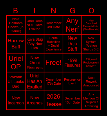 Final 2025 Warframe Devstream Bingo Card