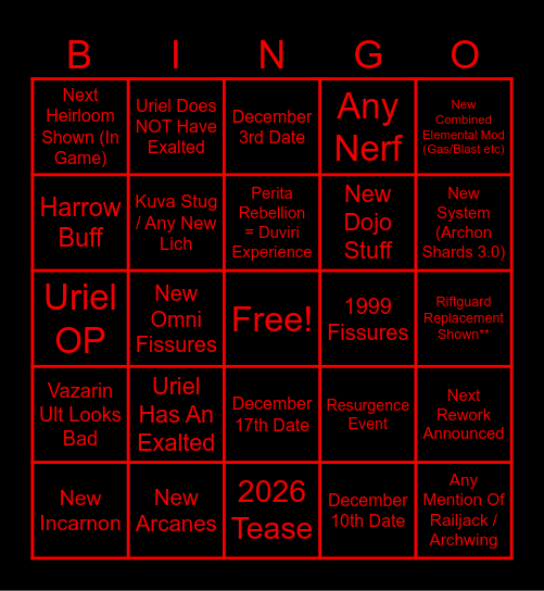 Final 2025 Warframe Devstream Bingo Card