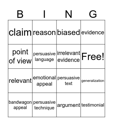 Persuasive Text Unit 3 Bingo Card