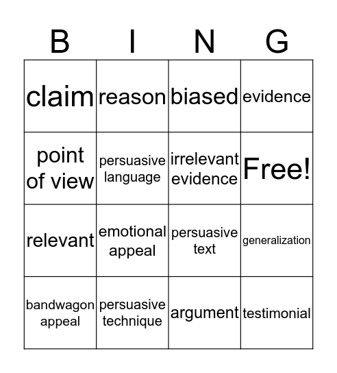 Persuasive Text Unit 3 Bingo Card