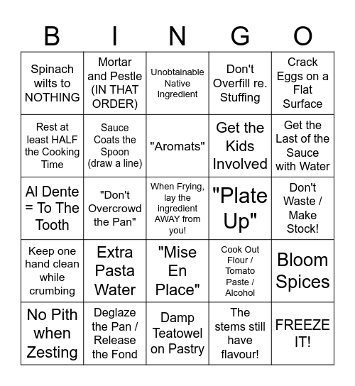 Cooking TV Bingo Card