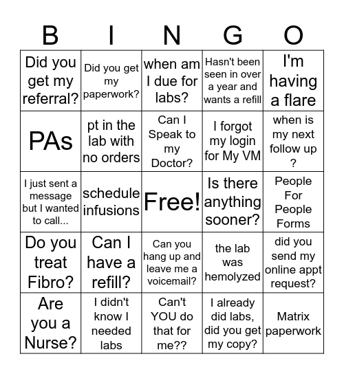 Rheumatology Bingo Card