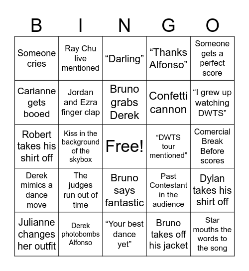 Dancing With the Stars Bingo Card