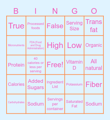Food Labels Bingo! Bingo Card