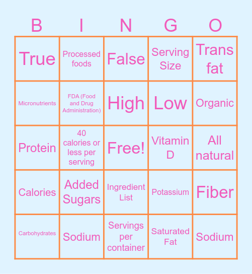 Food Labels Bingo! Bingo Card