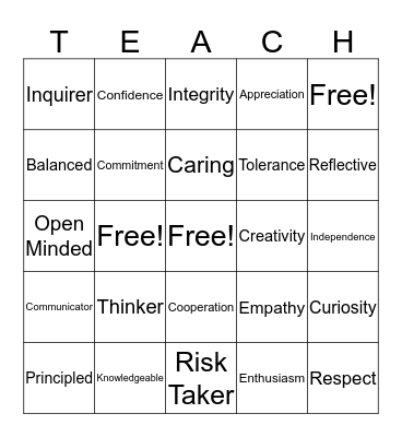 Attitude and Attribute Bingo Card