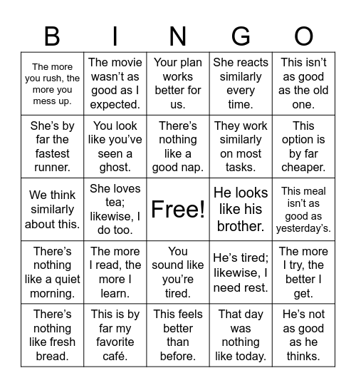 Advaned Comparative Structures Bingo Card