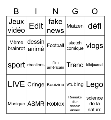 Youtube shorts Bingo Card