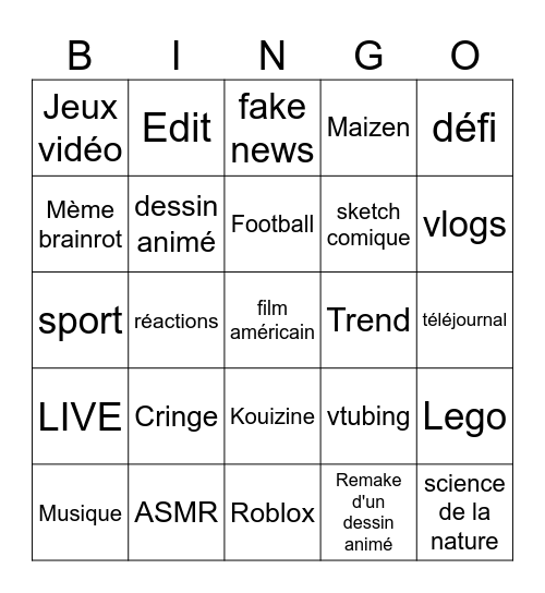 Youtube shorts Bingo Card